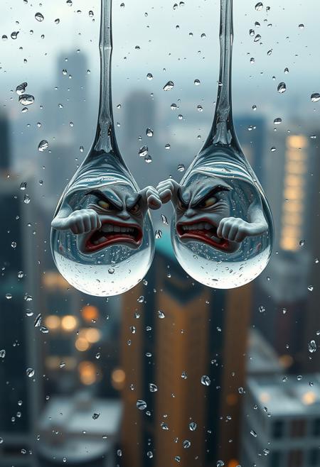 "Hyper-realistic scene: two raindrops, each with a furious expression, plummet towards the ground together, their transparent bodies glistening with refracted light. As they fall, they engage in a fierce battle, their water fists clenched and swinging wildly at each other. The raindrops' faces are contorted in anger, with tiny, beady eyes and scowling brows. The surrounding air is filled with tiny, shimmering droplets of water, and the background is a blurred, impressionistic cityscape. The raindrops' movements are dynamic and chaotic, with tiny ripples and distortions in their surfaces as they collide and rebound. Style: photorealistic, with a focus on capturing the intricate details and textures of the raindrops, and a sense of energy and motion in the scene."