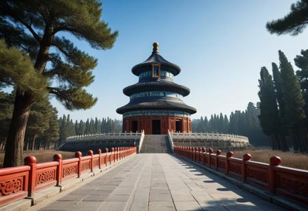 Very beautiful  Temple of Heaven, China, a temple site, sunny blue sky background and large dense forest. Very realistic photography.