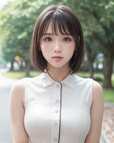 pureerosface_v1:0.3, best quality, photorealistic, 8k, high res, full color, 1girl, woman, 20 years old woman, (closed mouth:1.73), (skindentation), (portrait:0.6), trees, park bench, daylight, ((park background:1.52)), full color, ((buttonedwhiteestripeshirt:1.78)), looking at viewer:1.8, (1girl eyes looking at viewer:1.55), (short hair, brownhair, partedhair:1.45), (bokeh), <lora:AAG-nono:0.65>