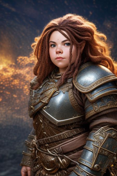 realistic photo of a dwarf woman, close up, action pose, wearing intricate medium leather armor, fantasy, burning village, (night scene:1.2), looking into the camera, hair flying, intricate details, detailed, (moon:0.4), <lora:Dwarf_Diffusion:0.85>