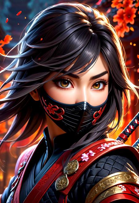 masterpiece,HDR,trending on artstation,sharp focus,high contrast,8K,Hyper-detailed,intricate details,cinematic lighting,   <lora:add-detail-xl:1> perfect eyes, crystal clear eyes, nsfw, hyper maximalist , 
image presents a stylized  ninja, characterized by vibrant and abstract splashes of blood. the main figure, the ninja, is depicted in a dynamic pose, holding a sword, which suggests action or combat. the background features bold and expressive brush strokes that create an energetic atmosphere. the colors used are vivid and varied, with multiple shades and hues creating a lively visual experience. overall, the style can be described as modern and artistic, with a strong emphasis on movement and energy.