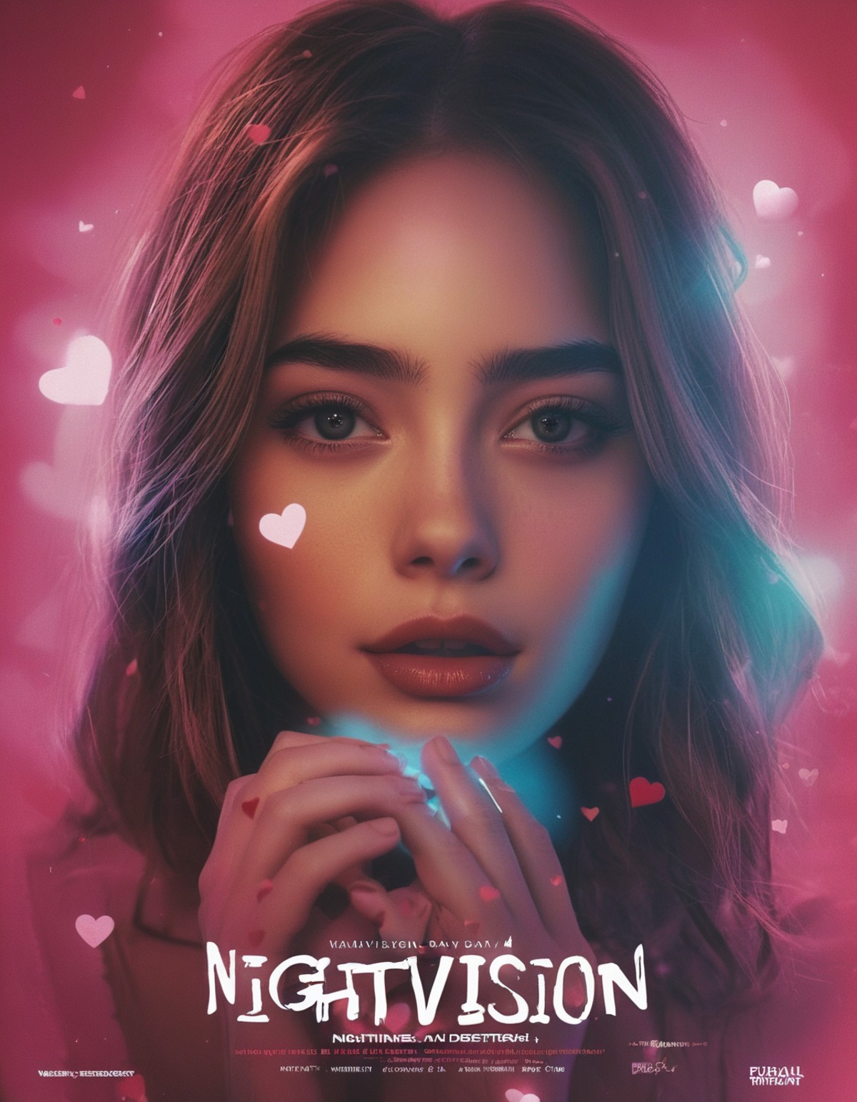__filmgenre__ (Valentines day movie poster with title and text graphics "NIGHTVISION":1.3),  Lovestruck Waifu movie starri...