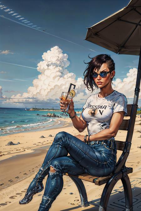 (masterpiece, best quality:1.2),  <lora:yelena_fedorova-20:0.6>, yelenaDX_soul3142, 1girl, sunglasses,(tshirt:1.1), denim jeans, (holding cocktail:1.1), sitting, chair, table, umbrella, beach, seascape, clouds, sky,