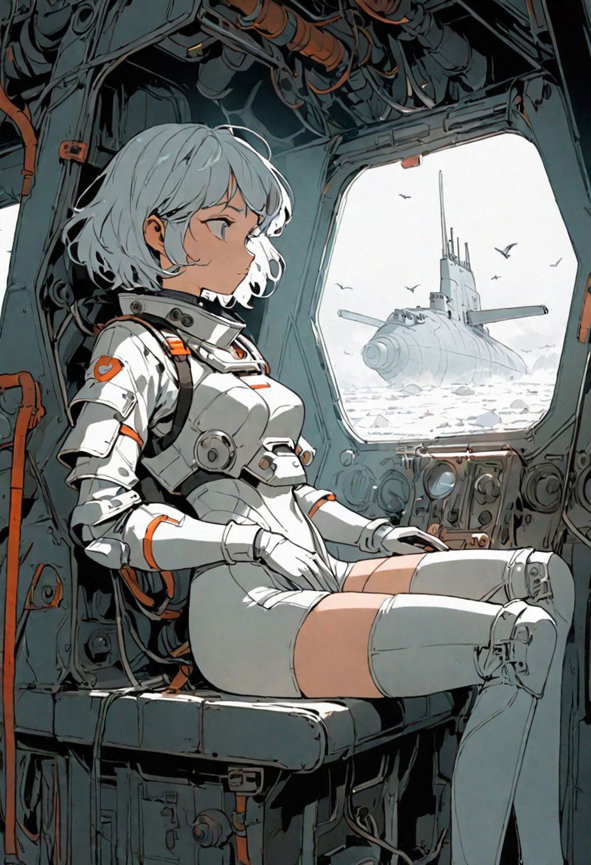 A woman wearing a white spacesuit sitting in a spacecraft cockpit.