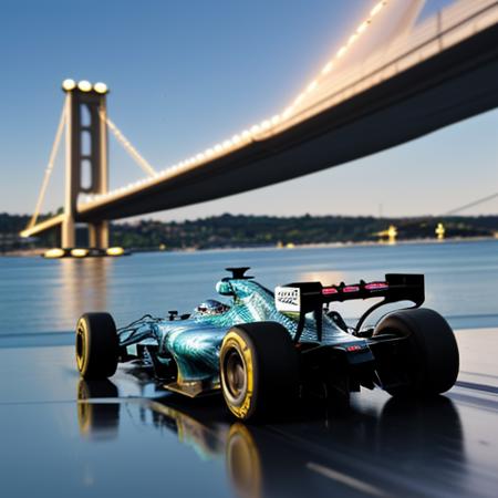 Formula 1 vehicles racing across the Istanbul Bosphorus Bridge, seen through the lens of Miki Asai-style macro photography, capturing intricate gears and textures, sharp focus on the reflection of the water, studio photo ambiance, intricate vehicle details, highly detailed as if painted by Greg Rutkowski, trending on ArtStation, with a hyper-detailed macro perspective, vivid colors, ultra-realistic.