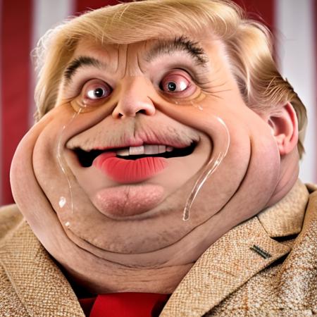 RAW photo, huge chins, small eyes , solo, upper body of a donald trump in f0r3v3r face, ((tears, wearing suit))<lora:f0r3v3r-v2-000055:0.8>, 8k uhd, dslr, high quality, film grain, Fujifilm XT3, simple background