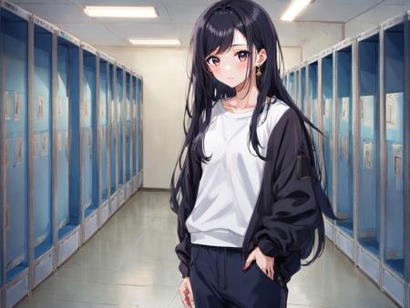 anime,1girl,  black hair, long hair, asymmetrical hair,  long bangs bangs,  chinese sweatshirt dress pants earrings ,  abandoned in locker room midnight,