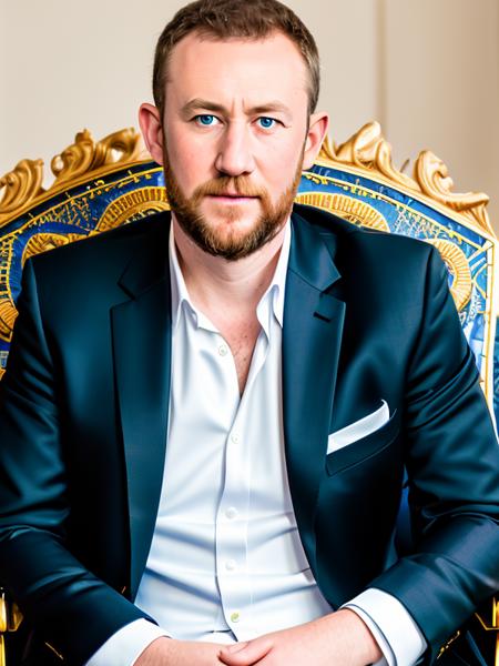 RAW photo of (AlexHorne:0.99) a man wearing a black suit jacket , with a white dress shirt, sitting on a throne , detailed face, realistic skin, high quality, (blue eyes:1.1), Leica 50mm, f1. 4, natural light, grainy, (high detailed skin:1.2), high detail