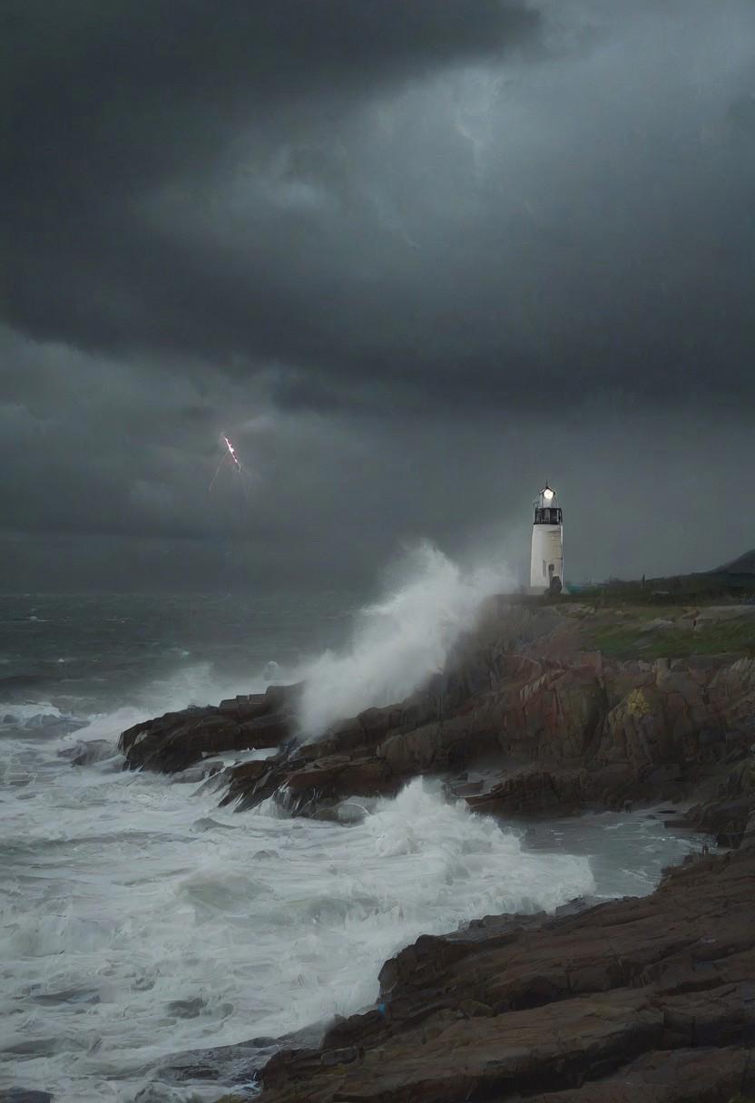 a scenic view of a lighthouse on a rocky shore, thunderstorm, violent waves crashing against the shore, dark clouds