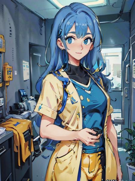 (best quality, masterpiece, illustration:1.1),  1girl, blue hair, green eyes, smile, looking at viewer, yellow nurse outfit, long hair, hospital, indoor, solo,  <lora:BrushlineBeta:0.7>