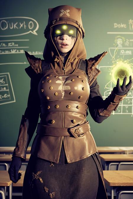 (masterpiece, best quality:1.2),  <lora:eris_morn:.9>, eris morn, solo, 1girl, breasts, large breasts, glowing, glowing eyes, armor, hood up, shoulder armor, green eyes, hood, gloves, pauldrons, chalkboard, open mouth, indoors, looking at viewer, desk, cowboy shot, school desk, chalk