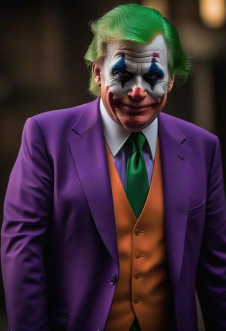 Generate a satirical and cinematic image depicting Donald Trump in a Joker's costume within the stylized world of a Batman film. Envision Trump adorned in an intricately detailed Joker outfit, complete with the iconic purple suit, green hair, and the Joker's characteristic makeup,(Masterpiece:1.3) (best quality:1.2) (high quality:1.1)