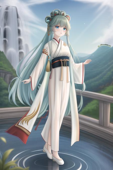 ru_qun, hanfu, 1girl, blue eyes, glowing eyes, cute face, detailed eyes, green hair, very long hair, full body, standing on one leg, original_outfit,hanfu,clear details,masterpiece, best_quality, clear details, waterfall, outdoors, clear sky, spring, chinese building, after rain, embroidered cotton shoes