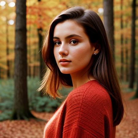 Elegant minimalistic photography, 1990s, model wearing a crimson jumper, red autumn forest background, natural lighting, small bust, beautiful face