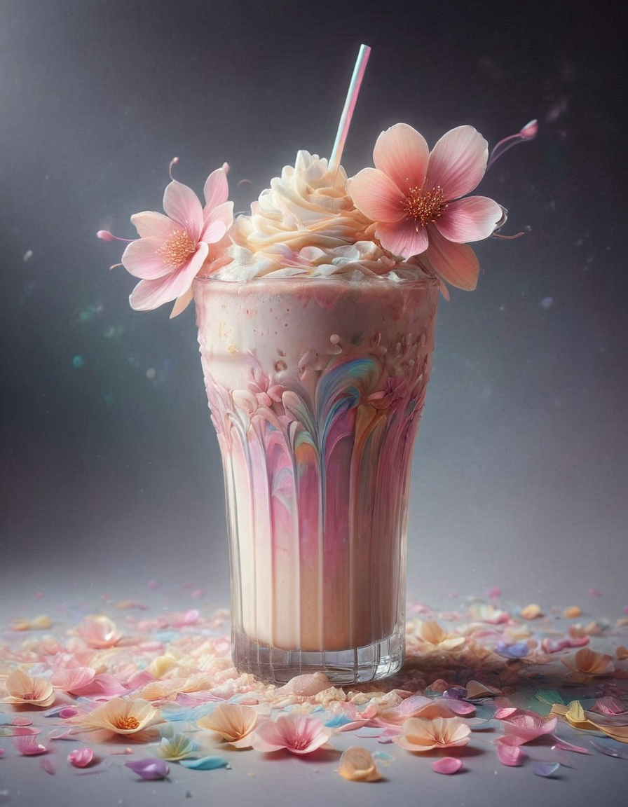 sakura cream milk ice shake frappe, p1nk1r1fl0wers, made out of iridescent flower petals, high quality, masterpiece <lora:PinkieIriFlwrsSDXL:1>