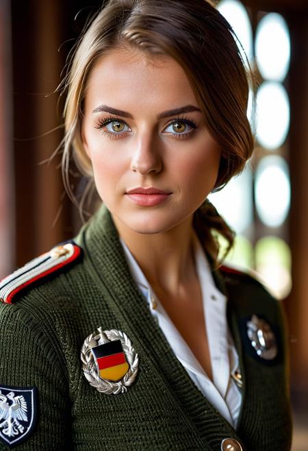 <lora:CM-Mix:1>,(A stunning and touching portrait of a young German woman wearing military uniform, cardigan, wide cleavage, short skirt, sexy pose, perfect round eyes and pupils: 1.2), with her mesmerizing amber eyes as the focus . Capturing the essence of her beauty, emphasizing the intricate details of the scarf pattern and the warmth radiating from her eyes. Achieve exceptional sharpness by pairing the Canon EOS R5 mirrorless camera with a prime RF lens. Optimize settings for shallow depth of field (f/2.8) to beautifully blur the background, allowing the viewer to focus on the girl's striking features. Set ISO to 400 for a balanced exposure, and use a shutter speed of 1/250 second to freeze any subtle movement. Enrich compositions with soft, diffused natural light, highlighting textures and colors to create timeless and culturally rich images