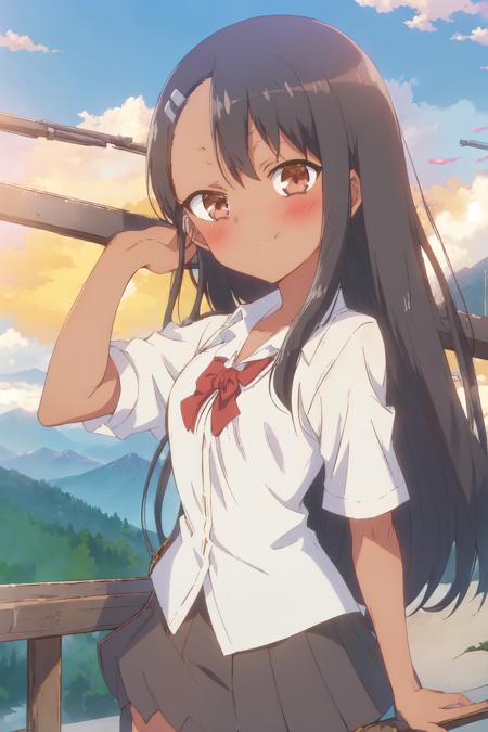 nagatoro,black hair,brown eyes,long hair,hair ornament,smile, hairclip,1girl,blush,dark skin,shirt,dark-skinned female,brown hair,white shirt,solo,fang,earclip,school uniform,looking at viewer,skin fang,skirt