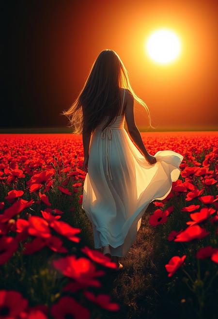 Ready design for printing on a t-shirt. On a black background. Very beautiful woman with long flowing hair walking through a vibrant field of red flowers under a bright sun, wearing a flowing white dress, cinematic lighting, high detail, serene atmosphere, breathtaking landscape, golden hour, digital painting, masterpiece, by Artgerm and Greg Rutkowski, 4k resolution.