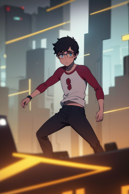 masterpiece, best quality, 1boy, black hair, short hair, blue eyes, glasses, shirt, raglan sleeves, pants, solo, upper body,  looking at viewer, cyberpunk, solo, neon light, night, cyberpunk city background <lora:YoungClark:1>