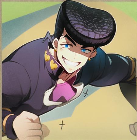 face focus,  lively, masterpiece, best quality, higashikata_josuke, 1boy, ((solo)), perfect face, perfect eyes, earrings, halfbody, male, blue eyes, black hair, smile, pompadour, school_uniform,  gakuran, amazing shading <lora:josuke4:0.9>   <lora:robuttsStyleLora1MB_robuttsv1:0.8>