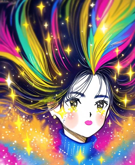 gooddaygirl, 1girl, portrait, close-up,  rainbow colors , sparkle, floating hair,