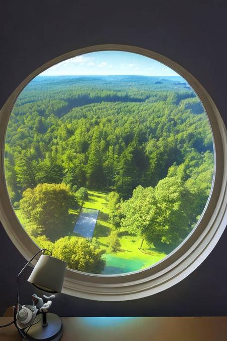 a photo of the clean Isometric_Dreams, with a lamp on a table,a painting of a tree inside a window with a view of a forest and a pond below it