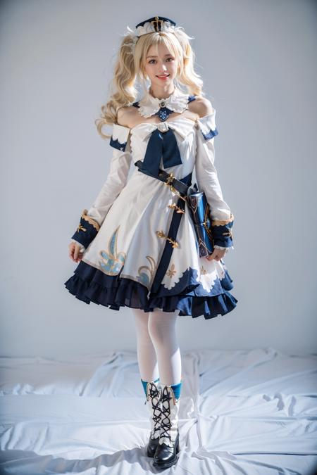 best quality, masterpiece, photorealistic, 1girl, solo, standing, arms at side, full body, looking at viewer, smile, closed mouth, barbara cosplay costume, cosplay, blonde hair, hair between eyes, twintails, dress, long sleeves, hat, detached collar, book, waist bag, white pantyhose, boots, simple background, <lora:genshin_Barbara_cosplay_v1:0.7>