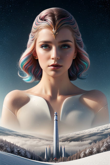 made of ral-kldscop, stylized by Sam Mayle, sci-fi art, landscape of a Barcelona, it is very Futuristic and Angelic, Snowing, Landscape photography, natural beauty, serene landscapes, <lora:ral-kldscop-000009:1>, highly decorated, cool colors, shiny, highly color focused, creative