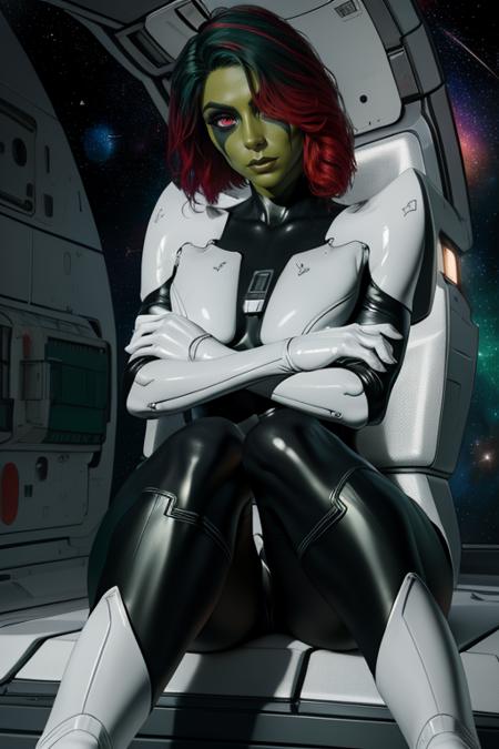 Gamora,green skin , multicolored hair,red eyes,hair over one eye, makeup, crossed arms, serious,  large breasts,  sitting, 
GaSuit, black and white bodysuit, armor, white boots, white gloves,
space ship, room.
 (insanely detailed, beautiful detailed face,beautiful detailed eyes, masterpiece, best quality) <lora:Gamora:0.7>