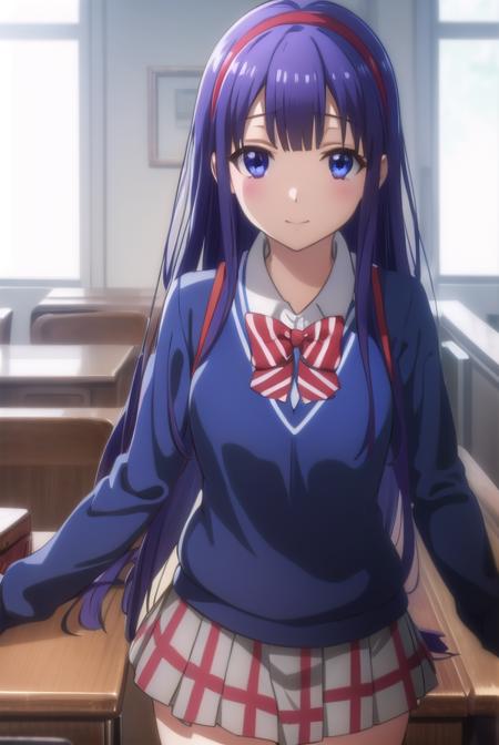 mikotoasuka, <lora:mikoto asuka s1-lora-nochekaiser:1>,
mikoto asuka, long hair, blue eyes, blue hair, hairband, red hairband, smile,
BREAK skirt, bow, school uniform, pleated skirt, bowtie, sweater, plaid, plaid skirt,
BREAK indoors, classroom,
BREAK looking at viewer,
BREAK <lyco:GoodHands-beta2:1>, (masterpiece:1.2), best quality, high resolution, unity 8k wallpaper, (illustration:0.8), (beautiful detailed eyes:1.6), extremely detailed face, perfect lighting, extremely detailed CG, (perfect hands, perfect anatomy),