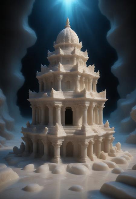 A colossal marble temple rises from the middle of an endless desert of glowing white sand. The temple’s intricate columns twist like liquid marble, shimmering in soft hues of sapphire and pearl. Around the temple, translucent jellyfish-like creatures hover in the warm desert breeze, their bioluminescent bodies casting soft, shimmering light on the marble surface. The sand itself seems to pulse with a subtle, liquid-like glow, as if the entire desert were made of flowing marble. Strange, glowing cacti made of marble and crystal grow around the temple, their spines casting faint shadows in the desert twilight.