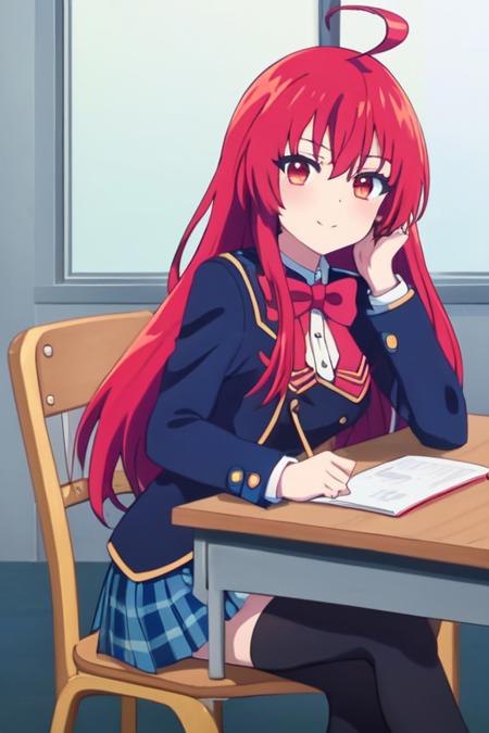 dark colors, liar liar anime lineart, 1girl, solo, saionji sarasa, red hair, long hair, ahoge, singletail on the left, crystals hair ornament, hair ornament, blue school uniform, jacket, long sleeves, red bowtie, blue with light blue plaid skirt, black thighhighs, siting on chair, inside classroom, looking at viewer