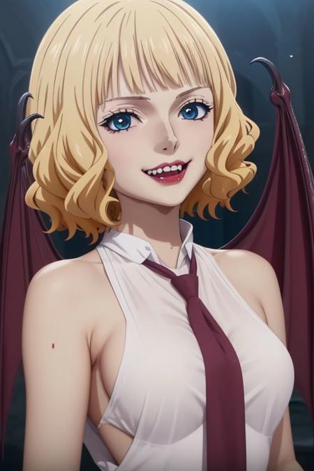 score_9, score_8_up, score_7_up,derpibooru_p_95, source_anime, very aesthetic, anime screencap, anime coloring, Stussy , Stussy \(One Piece\), vampireform,1girl, solo, smile, short hair, blue eyes, blonde hair, wings, necktie, fang, blood, fangs, bat wings, vampire