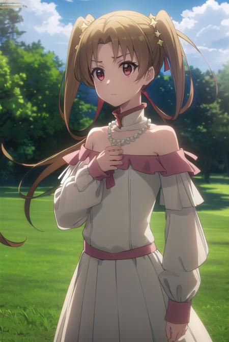 sherrytueli, <lora:sherry tueli s2-lora-nochekaiser:1>,
sherry tueli, long hair, brown hair, hair ornament, twintails, (brown eyes:1.5), star \(symbol\), star ornament,
BREAK dress, bare shoulders, jewelry, necklace, frills, long sleeves,
BREAK outdoors, forest, nature, sun, sky, clouds, trees, grass,
BREAK looking at viewer, (cowboy shot:1.5),
BREAK <lyco:GoodHands-beta2:1>, (masterpiece:1.2), best quality, high resolution, unity 8k wallpaper, (illustration:0.8), (beautiful detailed eyes:1.6), extremely detailed face, perfect lighting, extremely detailed CG, (perfect hands, perfect anatomy),