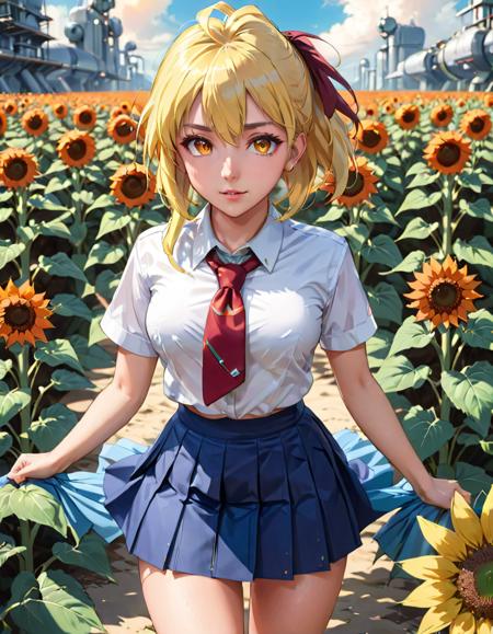 anime artwork 1girl, flower, solo, sunflower, skirt, yellow flower, looking at viewer, white shirt, navel, shirt, short sleeves, blush, multicolored eyes, school uniform, long hair, white hair, pleated skirt, bangs, outdoors, red eyes, necktie, blue skirt, red necktie, floating hair, blurry, midriff, orange flower <lora:FF.94.nightvisionXLPhotorealisticPortrait_v0743ReleaseBakedvae.lora:0.41> <lora:FF.77.animeChangefulXL_v10ReleasedCandidate.lora:1>,((retrofuturism)),(science fiction),dystopian Art,ultrafine,detailed,future tech,by Clarence Holbrook CArter,by Ed Emshwiller,CGSociety,ArtStation contest winner,trending on ArtStation,DeviantArt contest winner,Fallout . anime style, key visual, vibrant, studio anime,  highly detailed