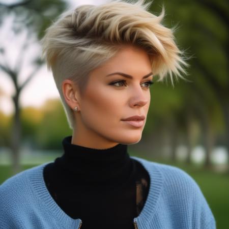 <lora:rachelhunter_v4:.99> contrasts<lora:offset_0.2:.5>rachelhunter a woman wearing a sweater,  ((hi-top fade:1.5)) hair style, short hair, tomboy, jeans, outside, park , portrait,  (closeup:.75), beautiful bone structure, (realistic, photo-realistic:1.37), ultra high res, ultra-detailed, incredibly beautiful girl, 8k uhd, dslr, soft lighting, high quality, film grain, Fujifilm XT3