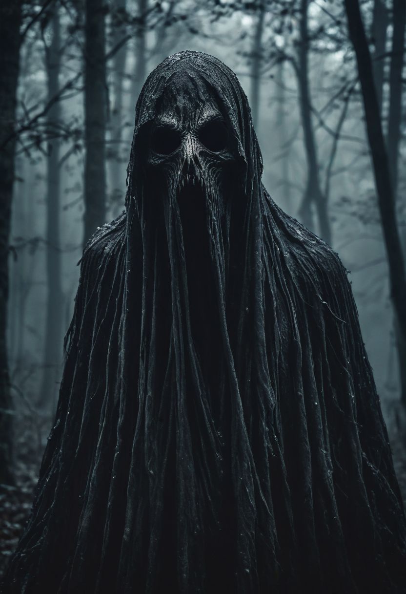 dark closeup of a scary dementor in a dark forest, fog, rain, no face, face not visible, shot at night, extreme detailed, majestic, hdr, realistic, dark lighting,