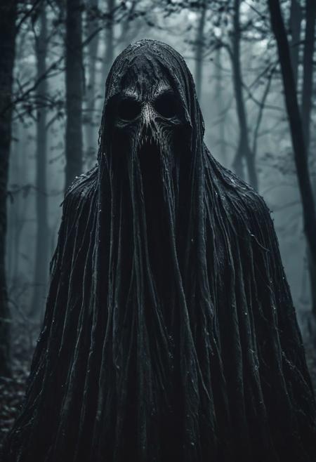 dark closeup of a scary dementor in a dark forest, fog, rain, no face, face not visible, shot at night, extreme detailed, majestic, hdr, realistic, dark lighting,