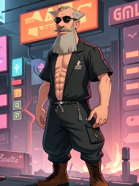 tihon, solo, looking at viewer, 1boy, standing, full body, grey hair, male focus,  facial hair, brown footwear,  beard, mustache, old man <lora:tihon-10 (1):0.6>
black sunglasses, gangstar, rich, high, synthwave, stunning, curvy, smouldering eyes, red pouty lips, , (unreal engine:1.1), nightcity, neon, (Cyberpunk), futuristic, neon, urban, dystopian, (revealing clothing)