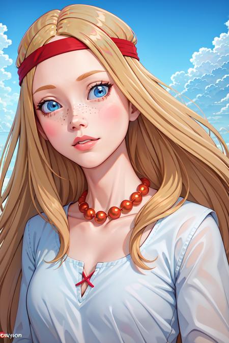 alyonushka, 1girl, solo, long hair, blue eyes, blonde hair, jewelry, sky, day, cloud, necklace, blue sky, lips, red headband, parody, blush stickers, freckles, <lora:alyonushkNEW:0.6>, art by greg rutkowski and artgerm, soft cinematic light, adobe lightroom, photolab, hdr, intricate, highly detailed, (depth of field:1.4)