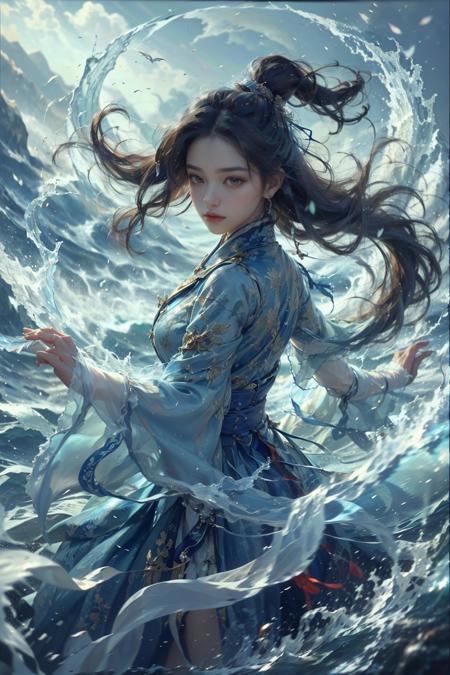 haifeisiv6,painting of a woman in a flowing dress in the ocean,cgsociety and fenghua zhong,maya ali as a wind mage,((waves)),((full art)),((china blue eyes)),((artwork in the style of z.w. gu)),((ultra detailed water)),((su fu)),((wave)),
Best quality,masterpiece,ultra high res,<lora:20240118-1705551743354-0015:0.65>, exquisite detail, extremely complex composition, ambient light, dynamic background, breathtaking, beautiful, delicate, epic, cinematic, stunning, unique,, best, dramatic, atmosphere, full