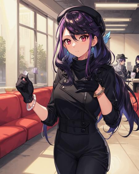 1girl, ruri, purple hair, bracelet, long hair, black sweater, black pants, black hat, black gloves, 
robbing bank,
indoors, bank, 

<lora:Ruri v2 e6:0.85>