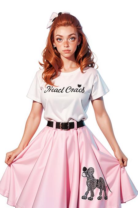p00dl3sk1rt, pink poodle skirt, white blouse,