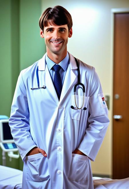 (full-body:1.10), (A realistic hot adult european boy doctor:1.10), stethoscope, white doctor lab coat, doctor's clothes, wide smile, thoughtful, (japanese short hair:1.10), (thick brown hair:1.05), (dark brown eyes:1.05), (blunt bangs:1.05), boyfriend taking care of you in the hospital bed, (standing pose:1.10), attire, medical.