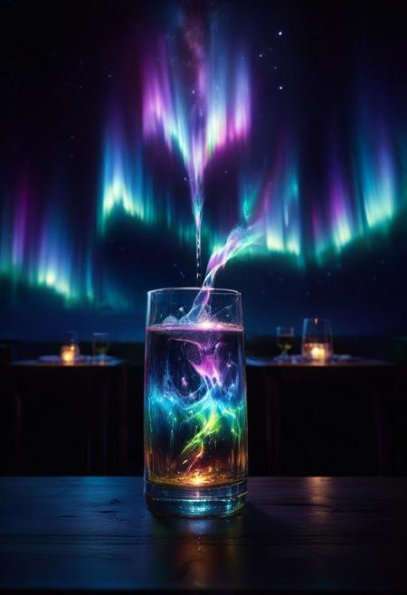 8k, Raw digital photo, jaynl-tm, a glass on a table in a restaurant, Liquid being poured into a glass, glass made of aurora, ( lightning effect:0.7), glowing, minimalist, dark background,