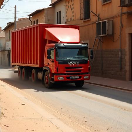 una camioneta DOGE gigante, color rojo rubi, pasa a toda velocidad por la calle de un bario humilde, calles con baches y perros raquiticos. El humo del caño de escape de la camioneta forma calaveras en el aire