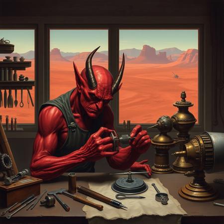 a red skinned demon, a look of intense concentration on his face, sits at his workbench as he makes a fine adjustment to the delicate mechanism in his hands. To one side of his bench his precision tools are neatly sorted and on the other several mysterious mechanical  devices are set out, in the background a large window looks out over a barren red desert and low hills