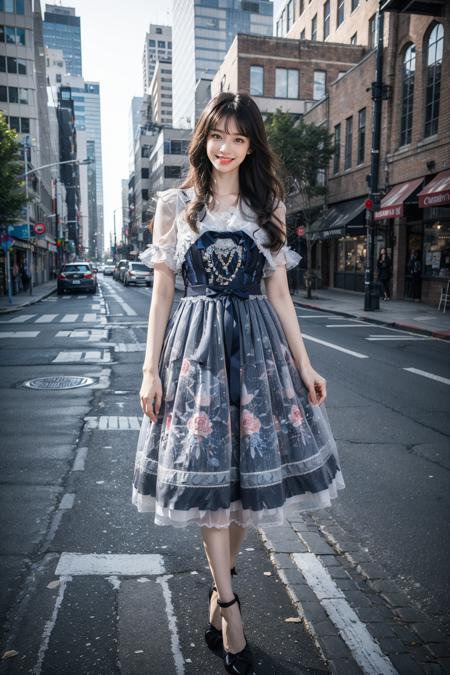 best quality, masterpiece, photorealistic, 1girl, solo, full body, standing, long black straight hair, blunt bangs, looking at viewer, smile, cyb dress, high heels, outdoors, people, shop, detailed background, <lora:beautiful_dress_collection_vol1_style1:0.7>