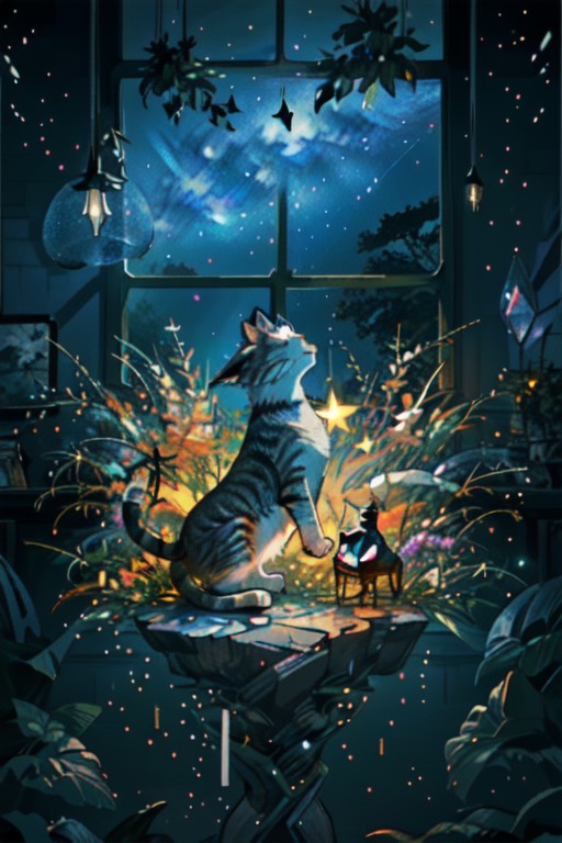 illustration of cat, allure of starry night sky with myriad of twinkling stars, constellations, Milky Way, window art, gla...