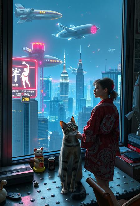 Grey tabby cat with green blue eyes sits on a cluttered metal riveted desk next to a maneki neko statue and a small Nintendo , the cat is looking out to a floor to ceiling window that looks out over a futuristic cyberpunk New York skyline with skyscrapers, holographic advertisements, futuristic airships covered with lights and advertisements in Japanese, a space elevator, (((a tall thin beautiful young woman, 22 years old, is standing next to the cat looking out at the city through the window))), The woman is dressed in an ornate Japanese style bath robe, exposing her lower legs.  The woman's hair is messy from just waking up and tied up with a ribbon. Artistic cyberpunk, dynamic perspective, a translucent neon projection of a strip club bar advertisement displaying a partially dressed woman is visible on a nearby building, neon and led lighting in the apartment, military futuristic space ship visible in the distance,